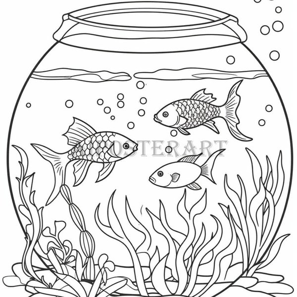 Fish Bowl Coloring Page for Adults and Kids- Printable Coloring Sheet - Aquarium - Tropical Fish - High Resolution, 5376x8064 pixels