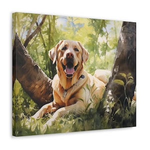 Labrador Watercolor Printed Canvas - Frameless Wall Art gift for Labrador owner, Labrador in dappled shade between trees on an August day