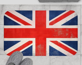 Alfombrilla de baño Union Jack: alfombrilla antideslizante con diseño vintage de la bandera británica desgastada en rojo, blanco y azul intensos.