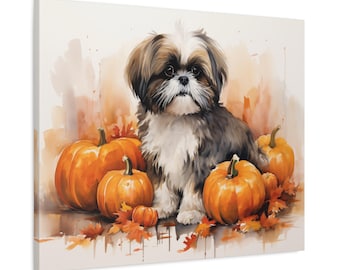 Shih Tzu Wall Art - Watercolor Printed on unframed Canvas - gift for Shih Tzu owner - Shih Tzu amidst pumpkins
