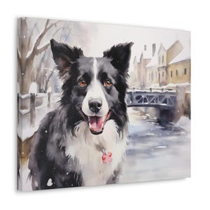 Border Collie Wasserfarben Druck auf Leinwand - Rahmenloses Geschenk für Border Collie Besitzer - Border Collie bei gefrorenem Kanal