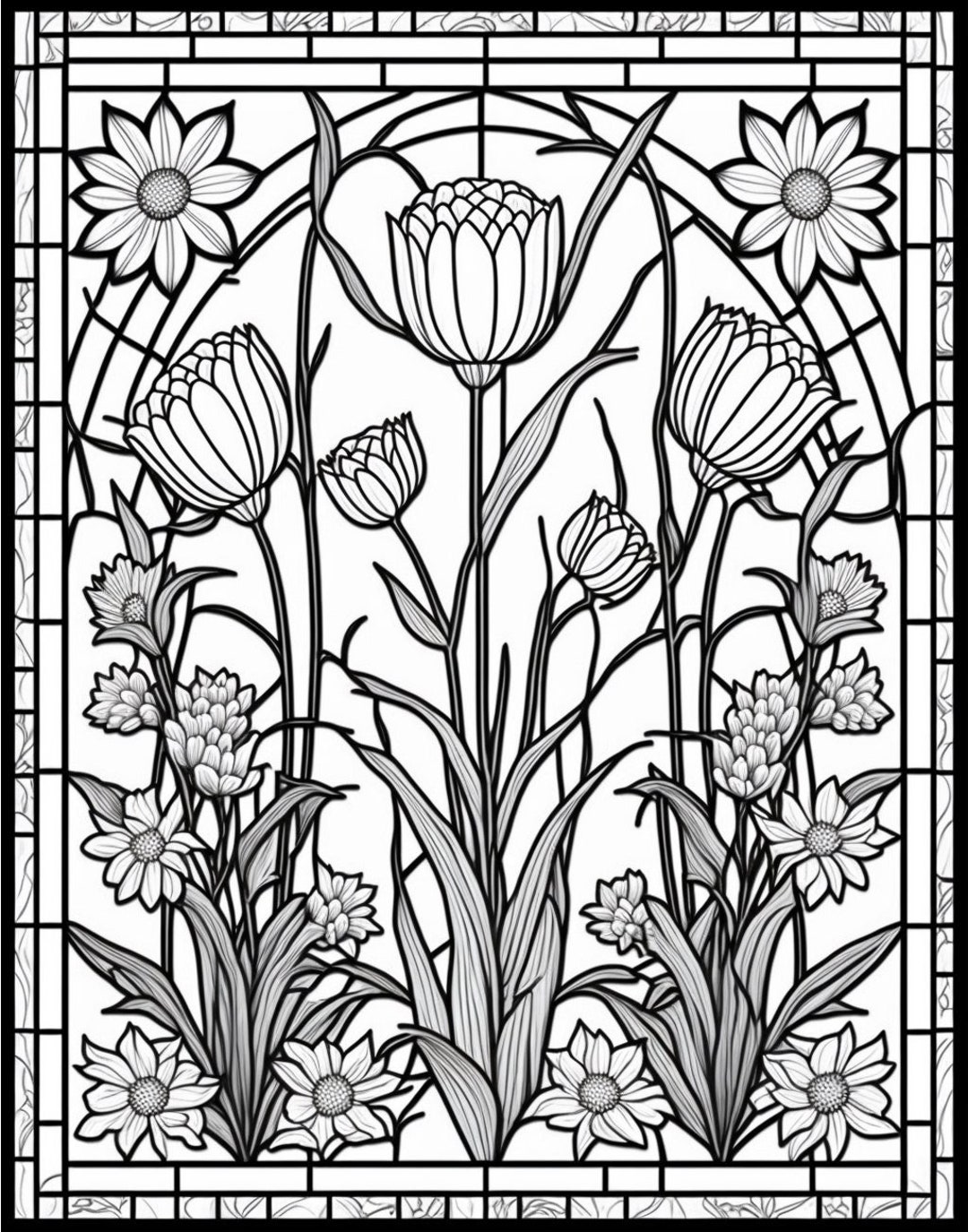 Flowers Stained Glass Window Printable Adult Coloring Page From 