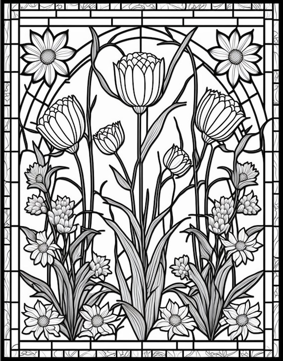 Easy Stain Glass Adult Coloring Books For Women : Adorable flowers Adult  coloring book stress relief stained glass designs (Paperback) 