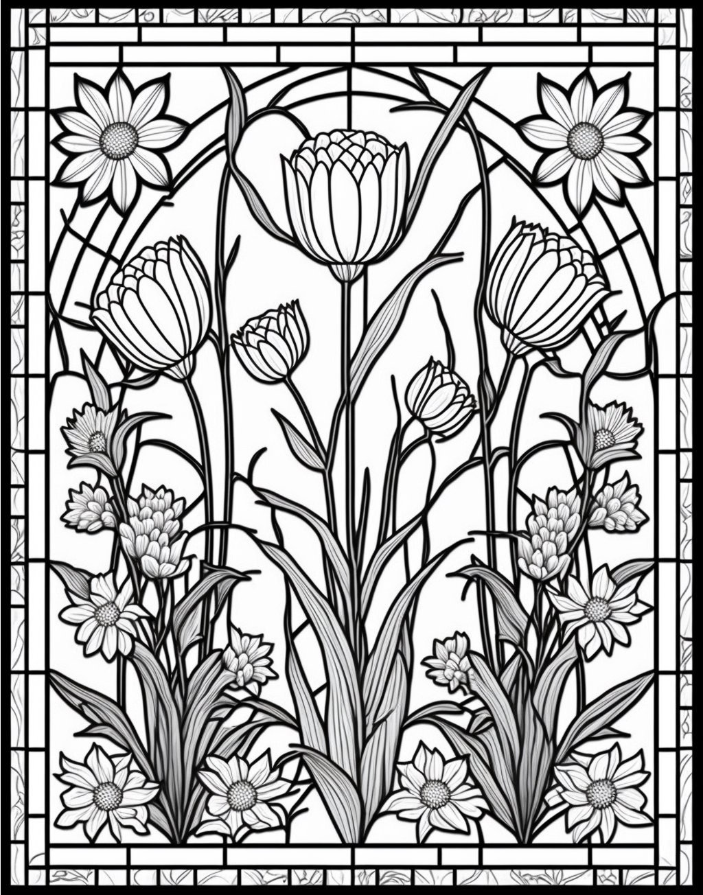 Flowers Stained Glass Window Printable Adult Coloring Page From 