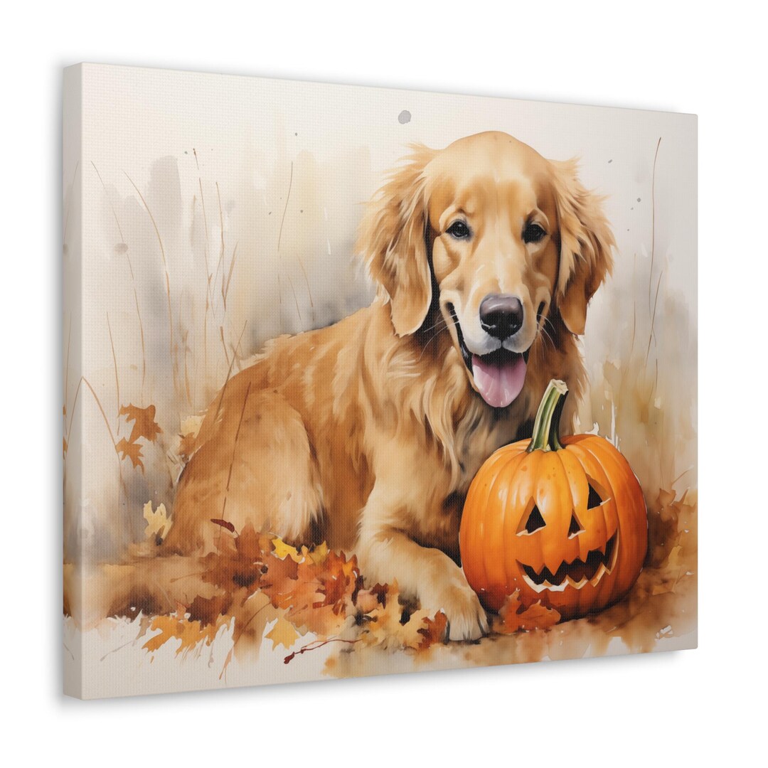 Watercolor Golden Retriever Halloween Canvas Print – Pumpkin Wall Art ...