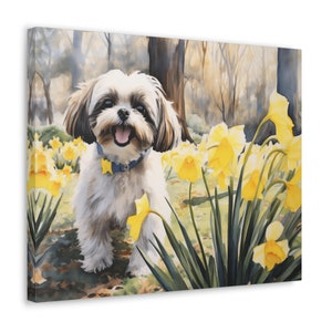 Shih Tzu Wall Art - Watercolor Printed on unframed Canvas - gift for Shih Tzu owner - Shih Tzu in a park with daffodils