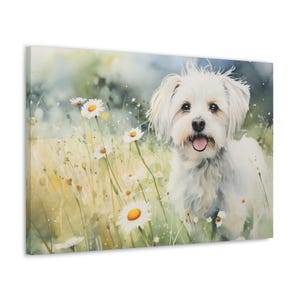 Havanese Watercolor Printed on Canvas - Frameless Wall Art gift for Havanese owner - Havanese in wildflower Meadow in Spring
