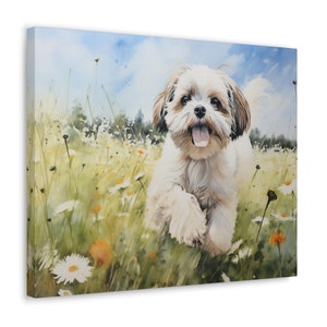 Shih Tzu Wall Art - Watercolor Printed on unframed Canvas - gift for Shih Tzu owner - Shih Tzu among daisies in a cow field