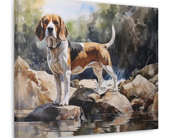 Arte de pared de Beagle: acuarela impresa en lienzo sin marco de 20 x 16 pulgadas: regalo para el dueño de Beagle: Beagle en el borde de una piscina de rocas