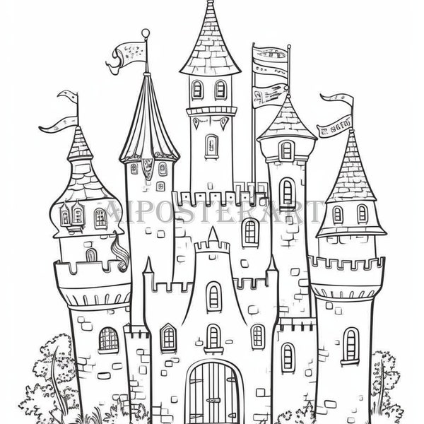 Turreted Castle atop Hill Coloring Sheet for Adults & Kids - Printable Coloring Page - Hilltop Castle Coloring -  High Res 5376x8064 pixels