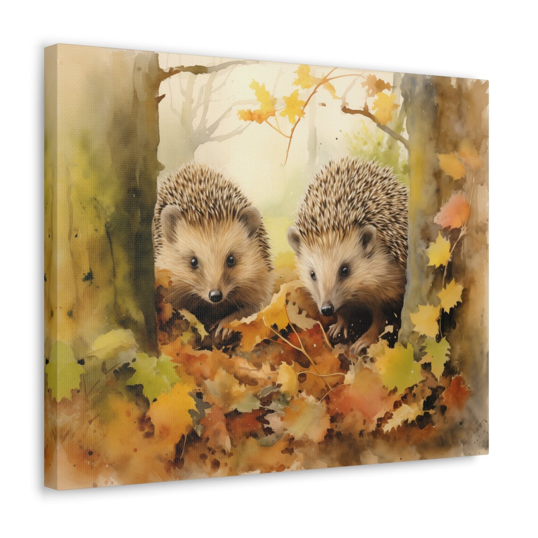 Hedgehogs Wall Art Watercolor Printed on Unframed Canvas Gift
