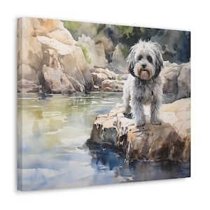 Shih Tzu Wall Art - Watercolor Printed on unframed Canvas - gift for Shih Tzu owner - Shih Tzu at the edge of a rock pool