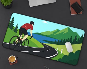 Minimalist Cycling Desk Mat - Scenic Mountain Road Illustration for Cyclists & Bike Lovers