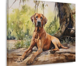May include: A watercolor painting of a brown Rhodesian Ridgeback dog lying on a log in a forest setting. The dog is looking directly at the viewer with a serious expression. The background is a lush green forest with a large tree trunk.