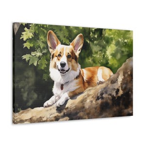 Cardigan Welsh Corgi Watercolor Printed Canvas - Wall Art gift for Cardigan Welsh Corgi owner - Corgi relaxing comfortably on a tree branch