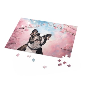 French Bulldog and Blossom Jigsaw Puzzle (120, 252, 500-Piece) - French Bulldog among pink cherry blossoms - Printed in USA