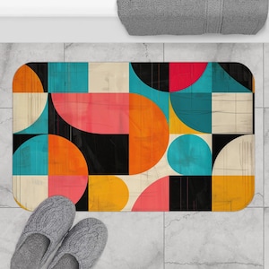 Tappetino da bagno Modern Art - tappetino da bagno antiscivolo con design geometrico di metà secolo nei colori corallo, giallo, turchese, crema e nero - Stampato negli Stati Uniti