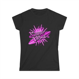 Woman&#39;s Summer Vibes T-Shirt - Woman&#39;s Surfing Tshirt with slogan &quot;Summer Vibes&quot; in pink - Surfboard Graphic Tee for Woman