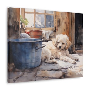 Poodle Wall Art - Watercolor Printed on unframed Canvas - gift for Poodle owner - Poodle sleeping in an old-fashioned kitchen
