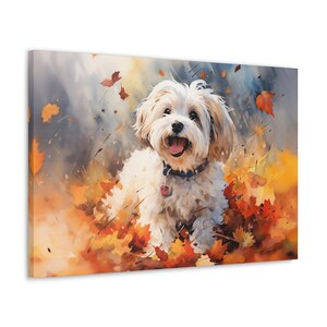 Havanese Watercolor Canvas Print - Wall Art gift for Havanese owner - Havanese bounding through a cascade of autumn leaves