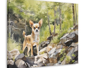 Lienzo impreso en acuarela de Chihuahua: regalo de arte de pared sin marco para el dueño de un chihuahua, un chihuahua en un claro soleado del bosque con rocas
