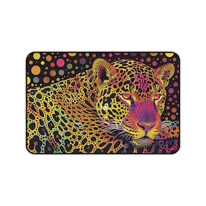 Colorful Dot Art Jaguar Desk Mat - a jaguar rendered in intricate kaleidoscopic dot art, a unusual colorful gift for jaguar lovers