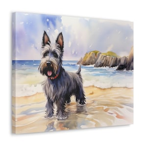 Scottish Terrier Wall Art - Watercolor Printed on Frameless Canvas - Scottish Terrier owner gift - Scottish Terrier at the Beach