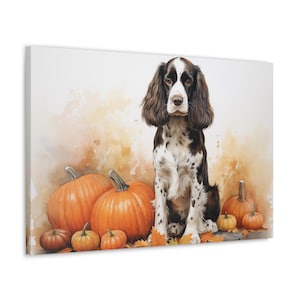 English Springer Spaniel Watercolor Canvas Print - Wall Art gift for Springer Spaniel owner - Springer Spaniel sitting amidst pumpkins