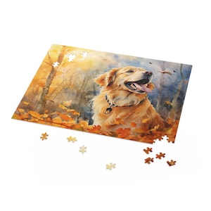 Golden Retriever Jigsaw Puzzle (120, 252, 500-Piece) - golden retriever surrounded by autumn leaves - Printed in USA