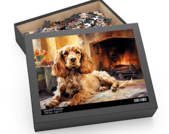 Puzzle z cocker spanielem (120, 252, 500 elementów) – akwarela przedstawiająca cocker spaniela relaksującego się przy przytulnym kominku – wydrukowano w USA