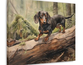 May include: A black and tan dachshund dog stands on a fallen log in a forest setting. The dog is looking to the left of the image. The background is a blurred image of green trees and foliage.