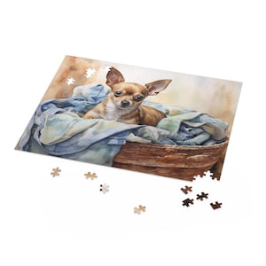 Chihuahua Jigsaw Puzzle (120, 252, 500-Piece) - Chihuahua nestled in a woven bed lined with soft blankets - Printed in USA