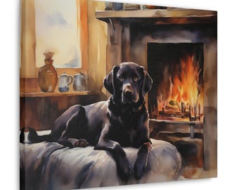 Black Labrador Watercolor Printed Canvas - Frameless Wall Art gift for Black Labrador owner, Black Labrador relaxing by cozy fireplace