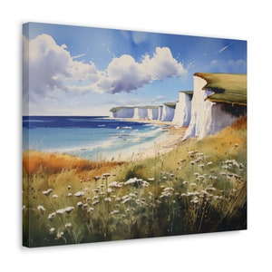 Seven Sisters Cliffs Watercolor Printed on Canvas - Unframed Wall Art gift for nature lovers, Seven Sisters Cliffs, East Sussex, England.