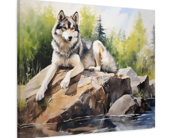 Siberian Husky Printed Canvas - Watercolor of a Siberian Husky sitting beside a stream
