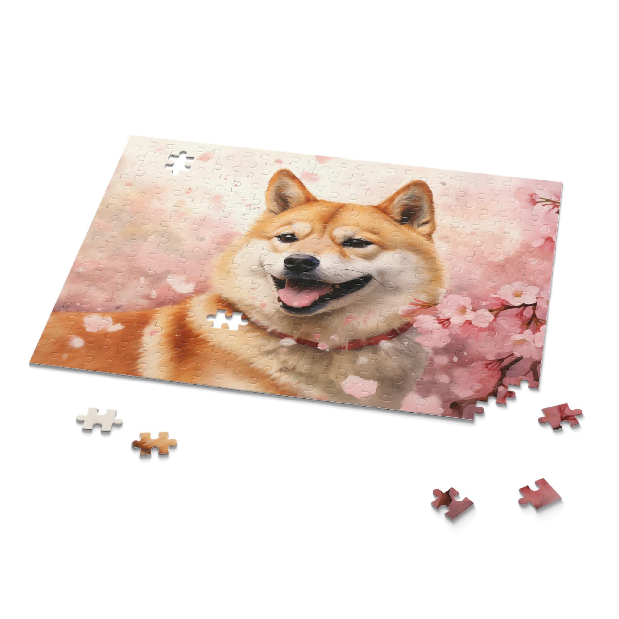 柴犬と桜のジグソーパズル（120、252、500ピース） - 繊細なピンクの桜