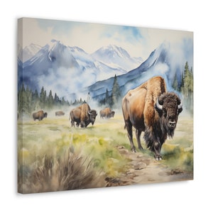 Bison Aquarell Gedruckte Leinwand - ungerahmte Wand Kunst Geschenk für Naturliebhaber, Bison im Grand Teton Nationalpark Wyoming