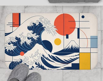 Modern Japanese Wave Bath Mat - Abstract Ukiyo-E Geometric Bathroom Rug, Minimalist Ocean & Mount Fuji Design