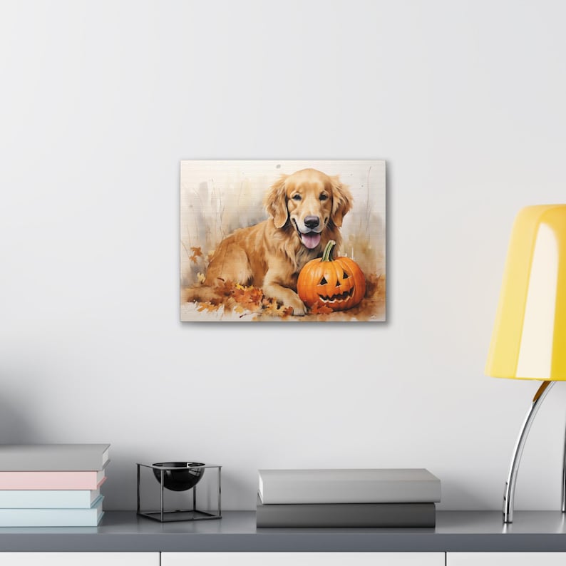 Watercolor Golden Retriever Halloween Canvas Print – Pumpkin Wall Art ...