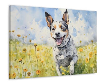 Australian Cattle Dog Watercolor Printed on Canvas - Frameless Wall Art gift for Australian Cattle Dog owner - Aussie Dog in sunny meadow