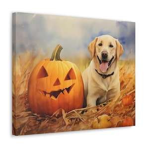 Labrador Watercolor Printed Canvas - Frameless Wall Art gift for Labrador owner, Labrador sitting next to a large Halloween pumpkin