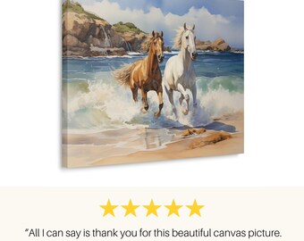 サーフィン中の馬の水彩画、キャンバスにプリント - フレームレスの壁