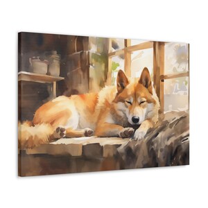 Shiba Inu Watercolor Canvas Print - Wall Art gift for Shiba Inu owner - Shiba Inu lounging on a sunlit ledge