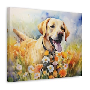 Labrador Watercolor Printed on Canvas - Frameless Wall Art gift for Labrador owner, Labrador in Sunny Spring Wildflower Meadow