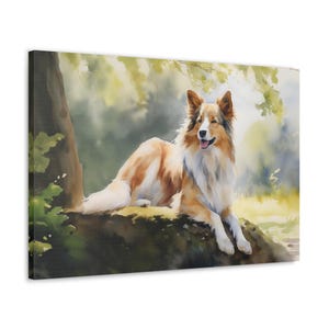 Shetland Sheepdog Watercolor Canvas Print - Wall Art gift for Shetland Sheepdog owner - Shetland Sheepdog sitting under a tree in Summetime