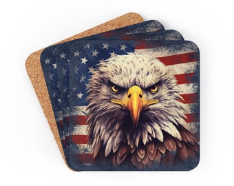 Bald Eagle and Stars & Stripes Coaster Set  - 4 Cork-Backed Square Coasters, printed in USA for US patriots - housewarming gift