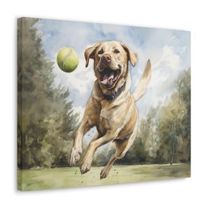 Labrador Watercolor Printed Canvas - Frameless Wall Art gift for Labrador owner, Labrador leaping to catch a tennis ball