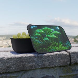 Magic Mushrooms (Green) PLA Bento Box - Single-Compartment Lunch Box with Rubber Band and Utensils - Plant based plastic lunch box