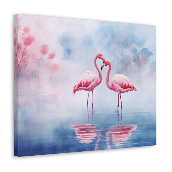 Flamingos Watercolor Printed on Canvas - unframed Wall Art gift for wildlife lover - Flamingos wading in Lake Nakuru National Park, Kenya