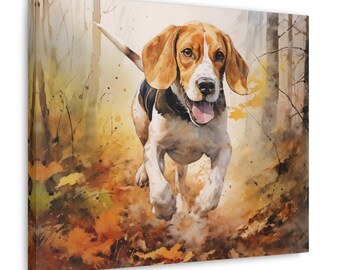 Arte de pared de Beagle: acuarela impresa en lienzo sin marco de 20 x 16 pulgadas: regalo para el dueño de Beagle: Beagle jugando en hojas doradas de otoño